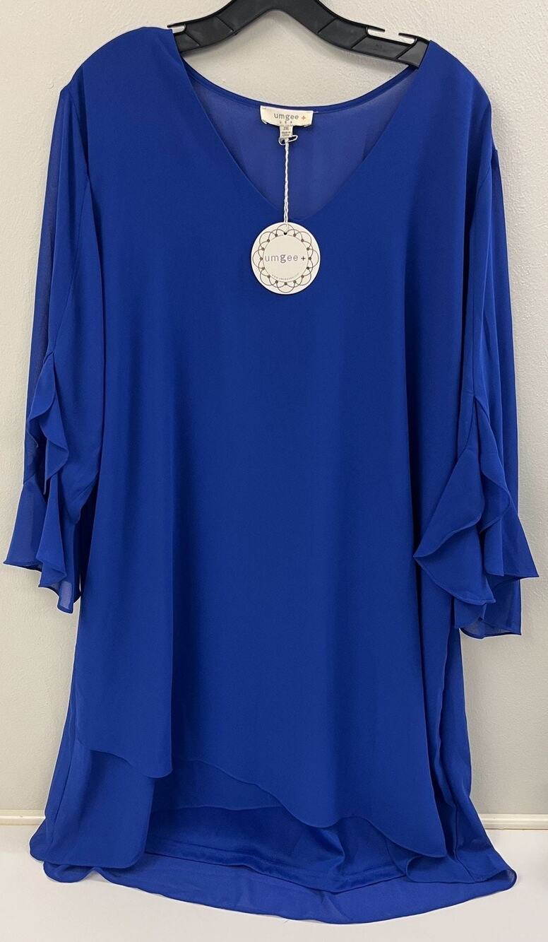 Umgee Royal Blue Chiffon Ruffle 3/4 Sleeve V-Neck Tunic Top 2XL